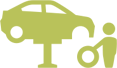 Stylized Icon of a vehicle on a garage bay lift and a person changing its tire.